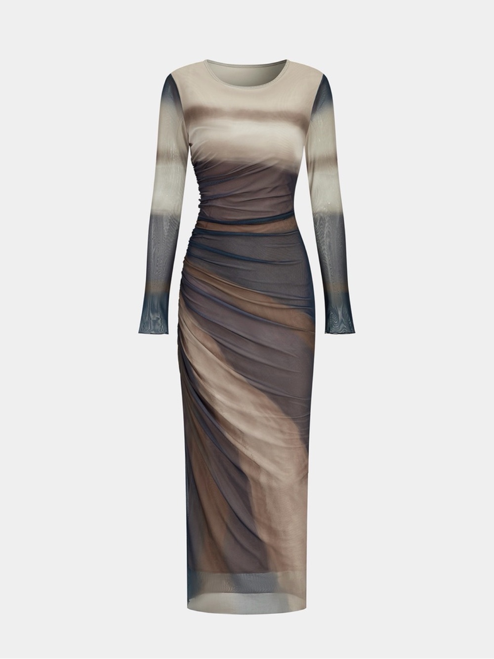 Commense Long Sleeve Ruched Mesh Ombre Maxi Dress - Picture 3 of 7